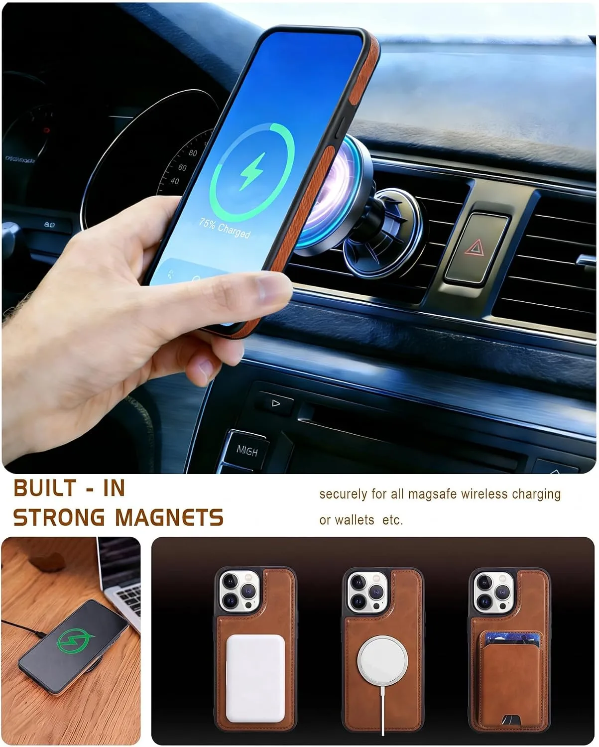 Magnetic Detachable Wallet Case for iPhone 13 Pro Max with Kickstand,2-in-1 MagSafe Compatible RFID Blocking Card Holder,Slim PU Leather Cover Brown