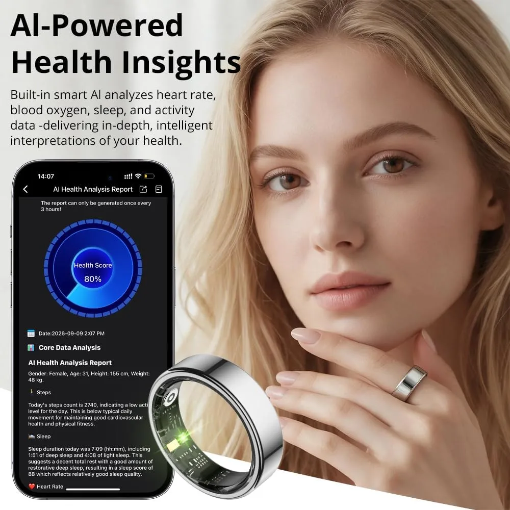 COLMI Smart Ring for Women, AI Health Tracker & 5ATM, R02. (Silver, 9#)