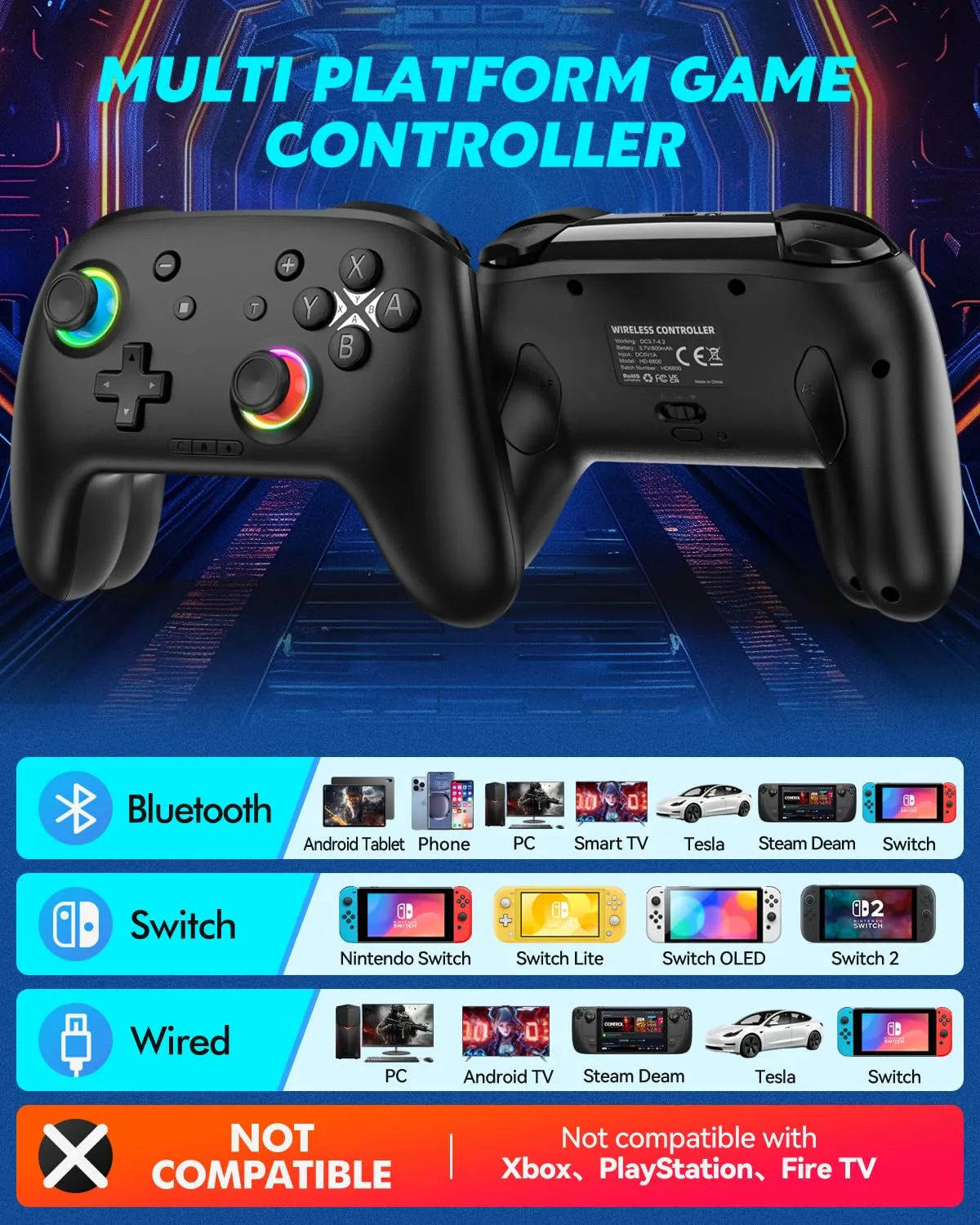 Switch Controller, Wireless Bluetooth Controller for Nintendo Switch 2/Switch/Lite/OLED, game controllers Compatible with iPhone/Mac/iPad/iOS/Android/Phone/PC/Steam and TV with Rotary Motors, RGB Hall Effect Joysticks/Macro Back Buttons/Turbo Modes/6-Axis/Motion/Wake up (Pro Black)