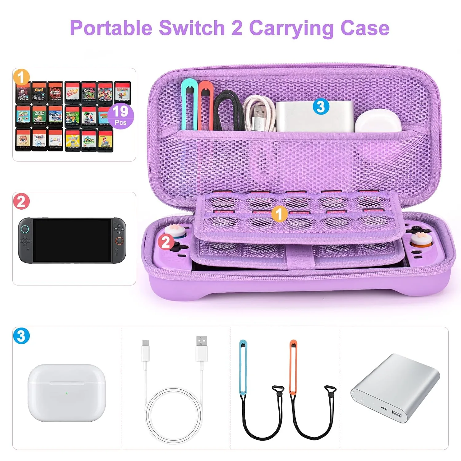 Younik Switch 2 Accessories Bundle, 15 in 1 Purple Switch 2 Accessories Kit for Girls Include Switch 2 Carrying Case, Shoulder Strap, Wrist Strap & Stickers, Protective Case for Switch Console & J-Con