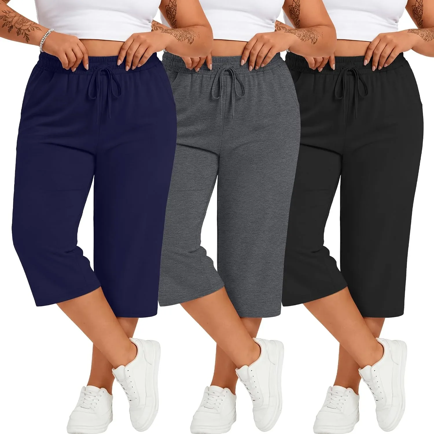 Neer 3 Pack Women's Plus Size Cotton Capris, 3-Color, 4xl