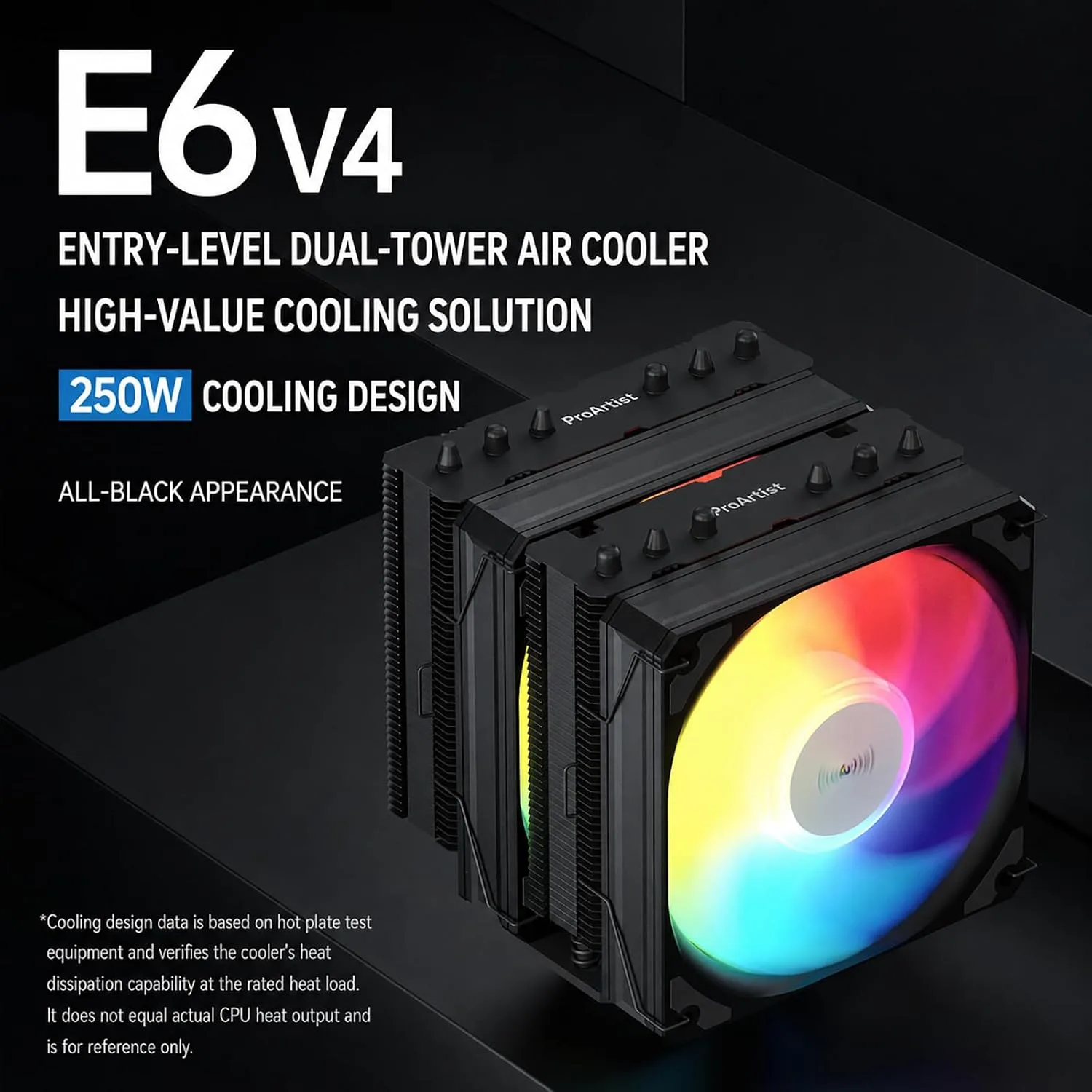 ProArtist Black Dual Tower E6 V4 RGB CPU Air Cooler for Gaming PC, 250W TDP