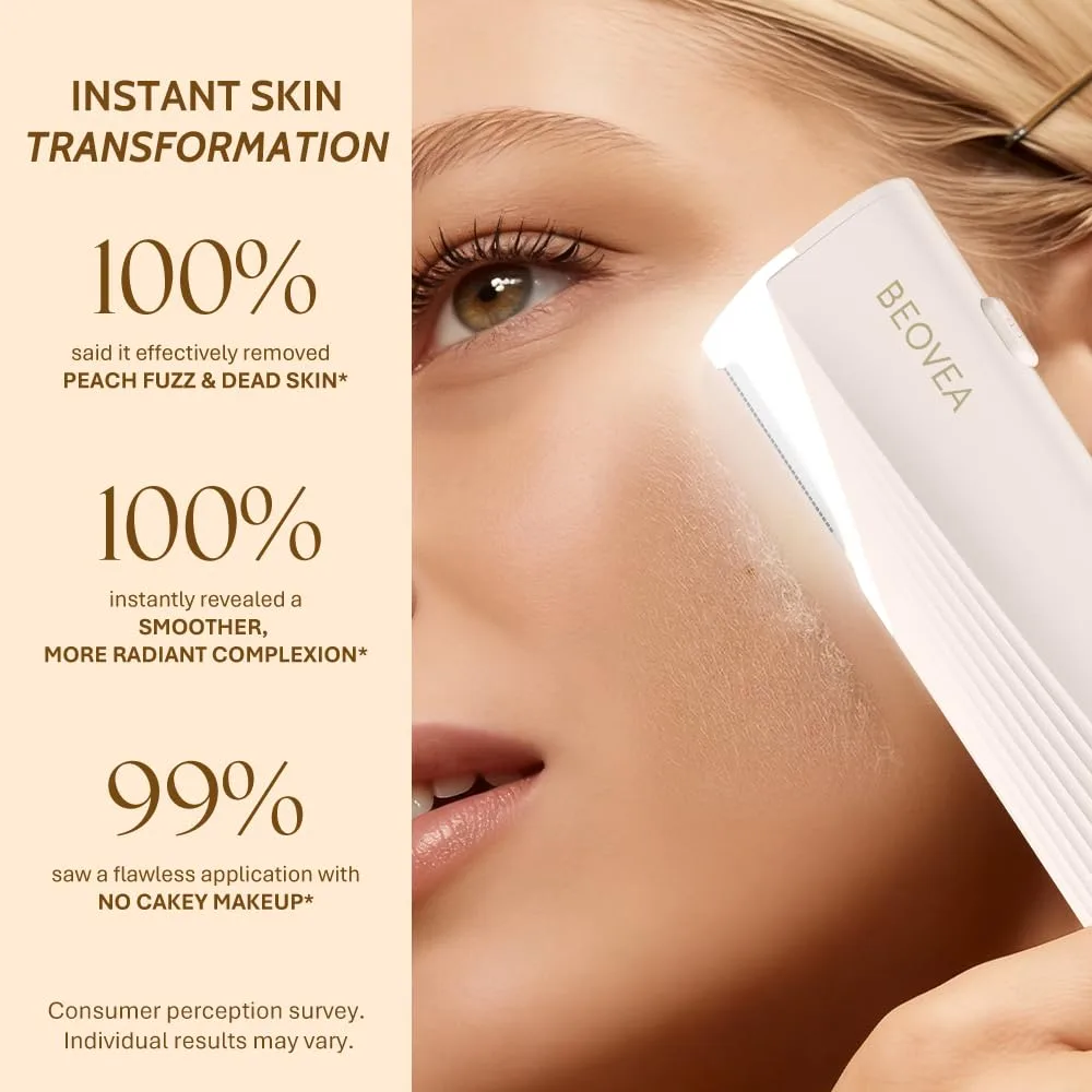BEOVEA Sonic Dermaplaning Tool for Face – Rechargeable Peach Fuzz Remover with LED Light, 3-Speed Vibration & 6 Replaceable Blades for Smooth, Radiant Skin