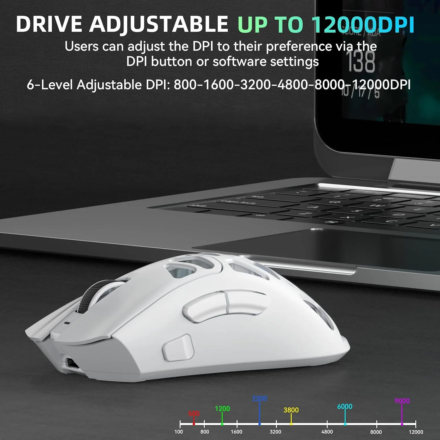 Aula SC620 Wireless Gaming Mouse, Tri-Mode 2.4GHz/USB-C/BT5.3 Computer Mouse with 12000 DPI, Programmable Macro Gamer Mouse with Rapid Fire Key, RGB Light White Gaming Mice for PC/Laptop/Mac
