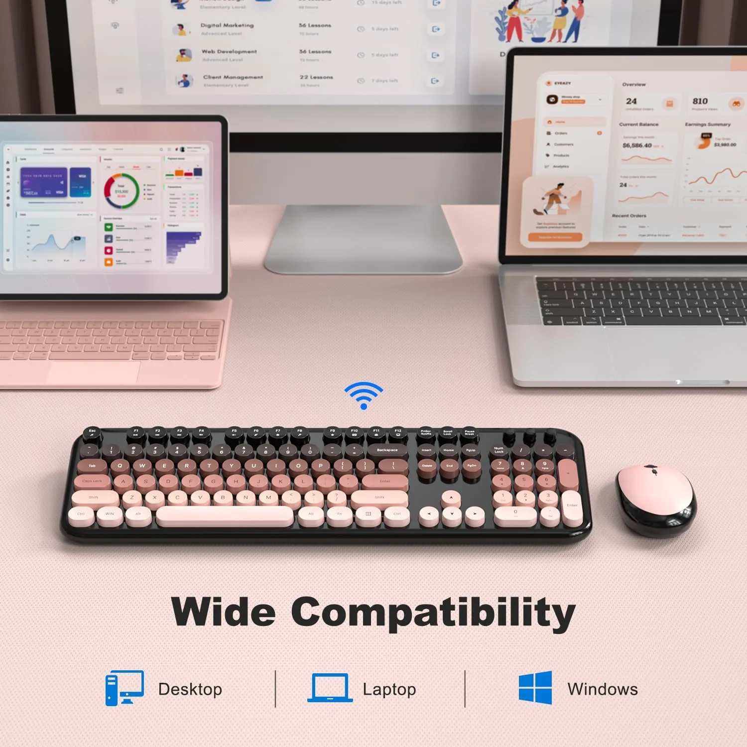 MOFII Wireless Keyboard and Mouse Combo, Full Size 2.4G Retro Round Computer Keyboard and Mouse Set, Plug and Play, for Windows, Computer, Desktop, PC, Notebook - (Lovely BlackBerry Gradient)