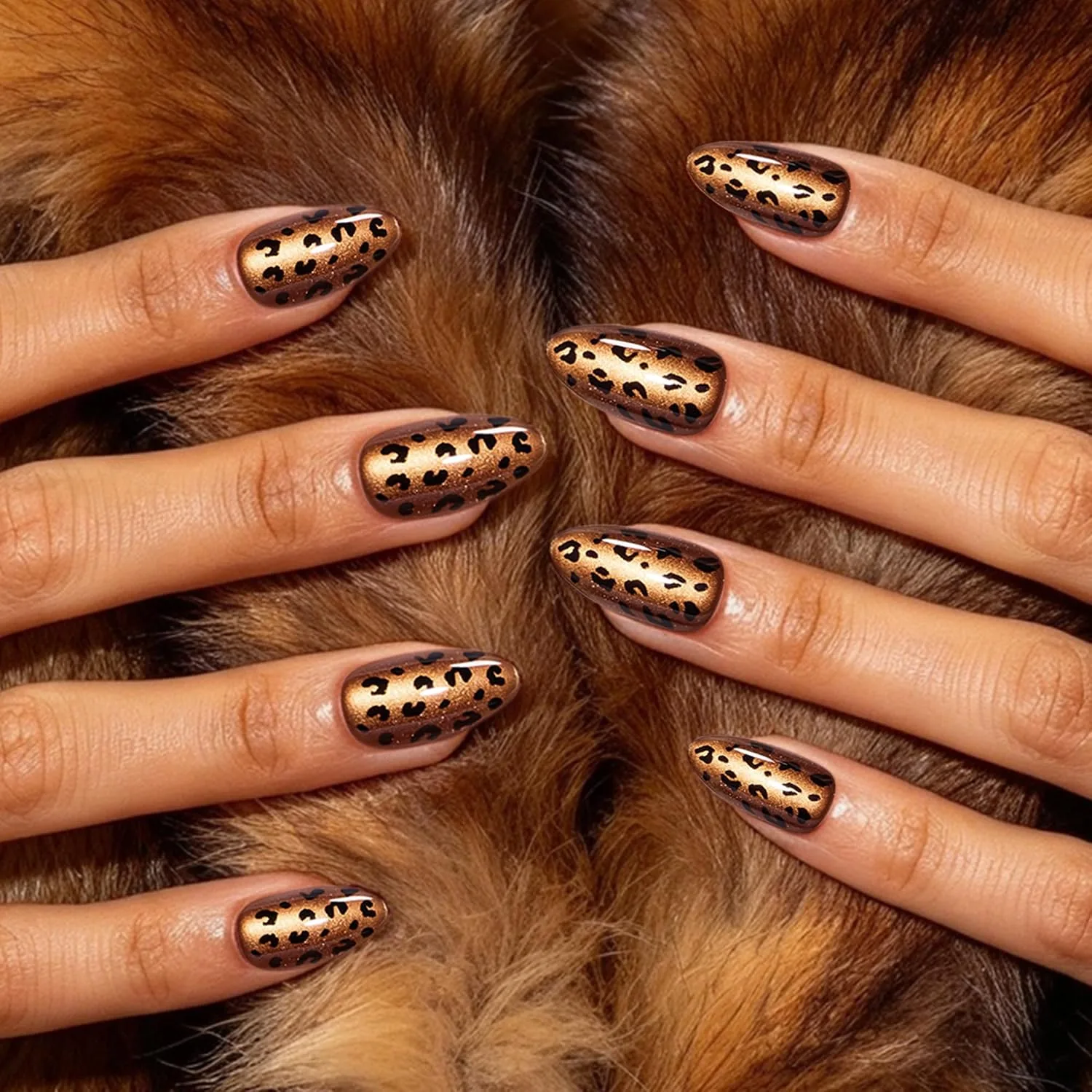 Beetles Leopard Cat Eye Press On Nails, Short Almond, 32 Count