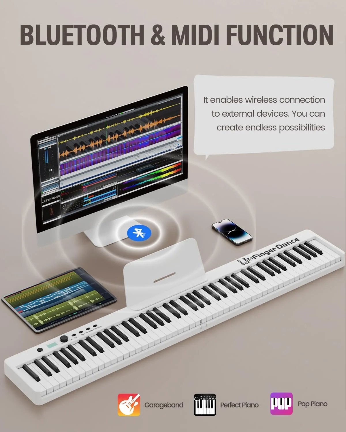 Finger Dance Folding Piano Keyboard 88 Keys, Portable Electric Keyboard with Bluetooth MIDI, Full Size Digital Piano, Wood Grain, Semi-Weighted, Touch Sensitive, with Storage Bag for Beginner