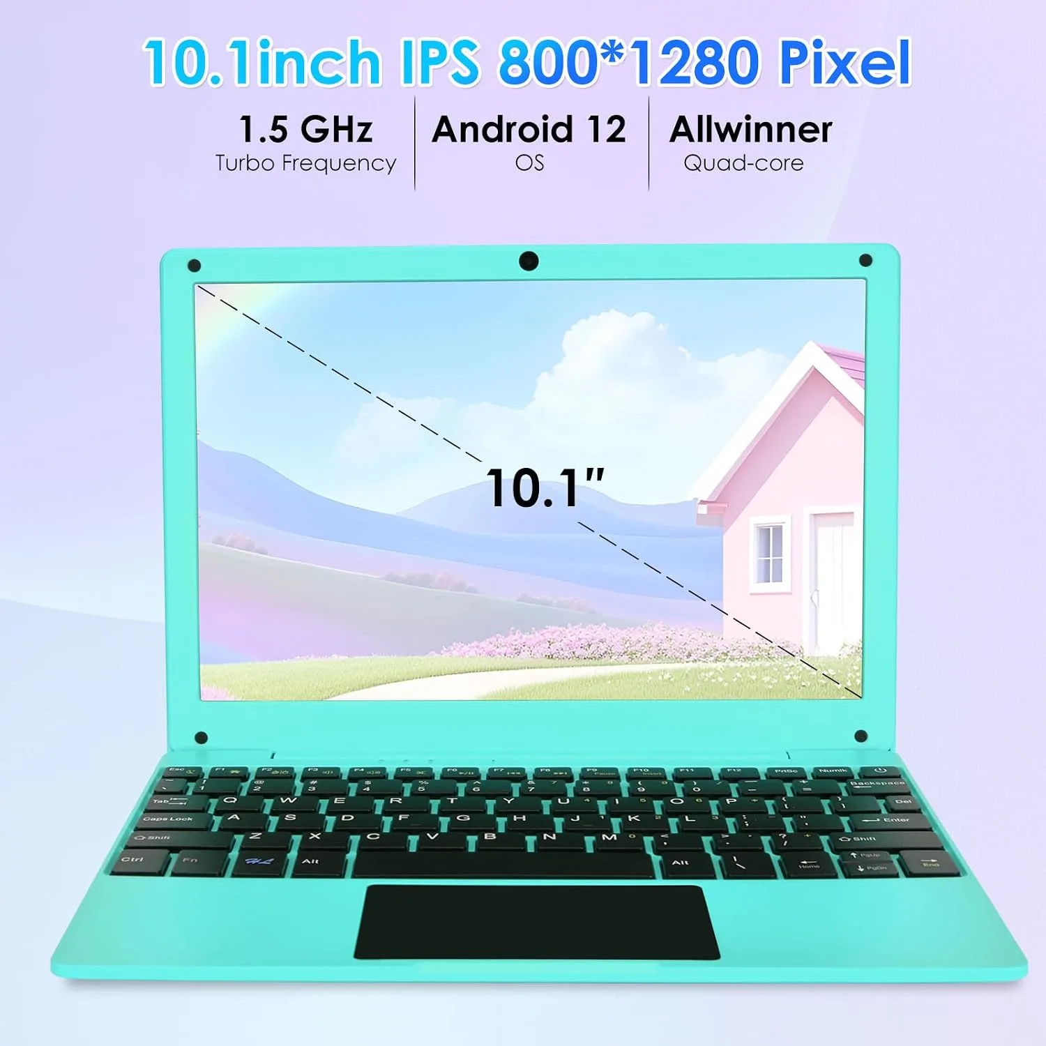 10.1 Inch Mini Netbook, Quad-Core Processor Laptop Computer, 2GB Memory 64GB Storage Android 12 Portable Notebook Built-in Webcam, WiFi & Bluetooth Keyboard & Mouse for Home Schooling & Office Work