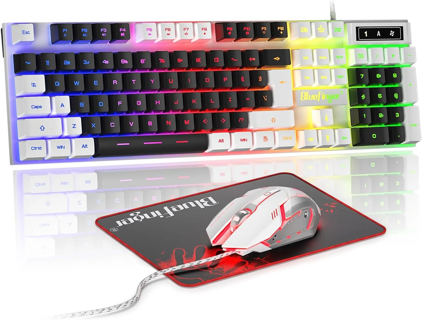 BlueFinger RGB Gaming Keyboard and Backlit Mouse Combo, USB Wired, LED Gaming Set for Laptop PC Computer Game and Work (White & Black)