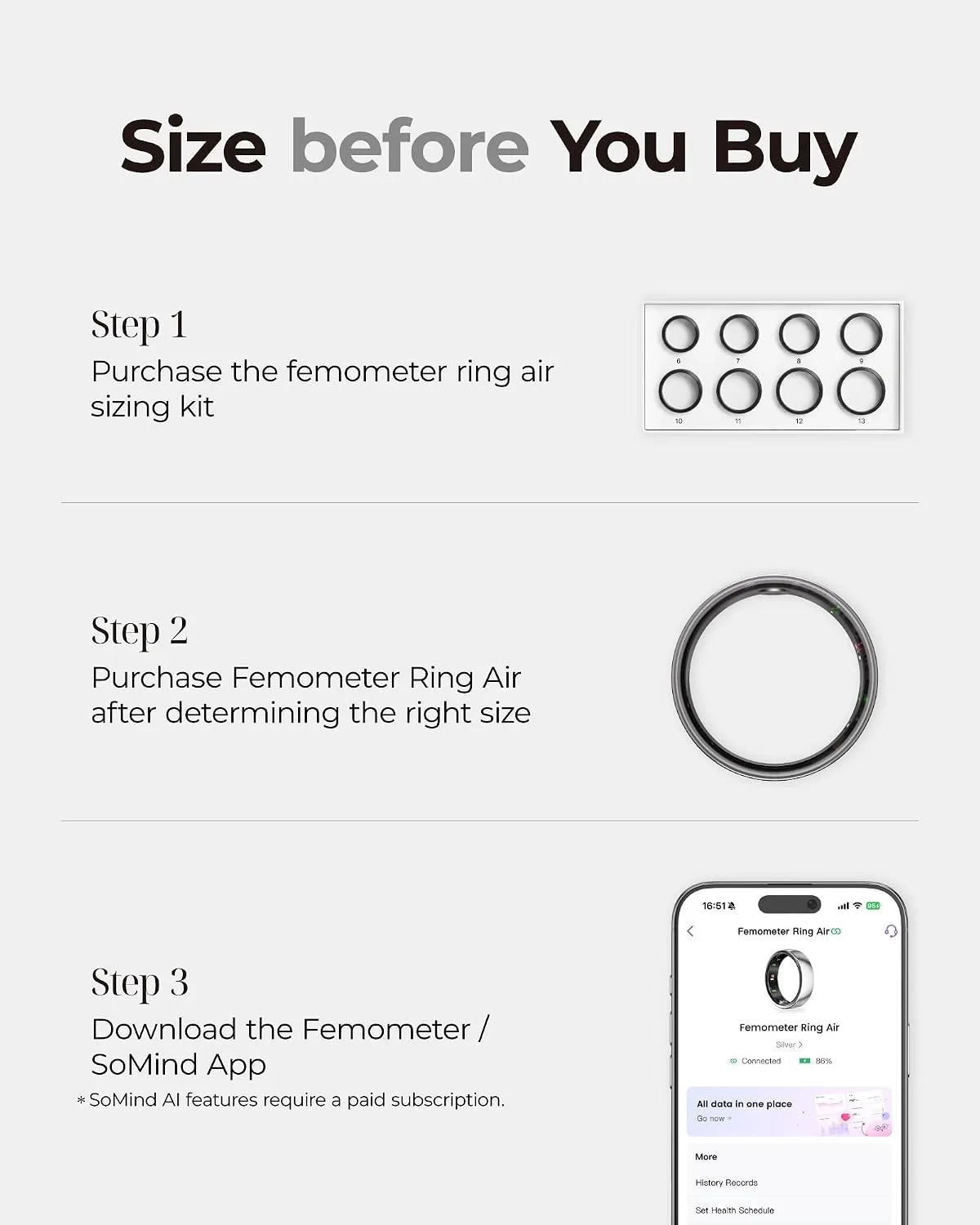 femometer Ring Air, Ultra-Thin Smart Ring, Sliver, Size13