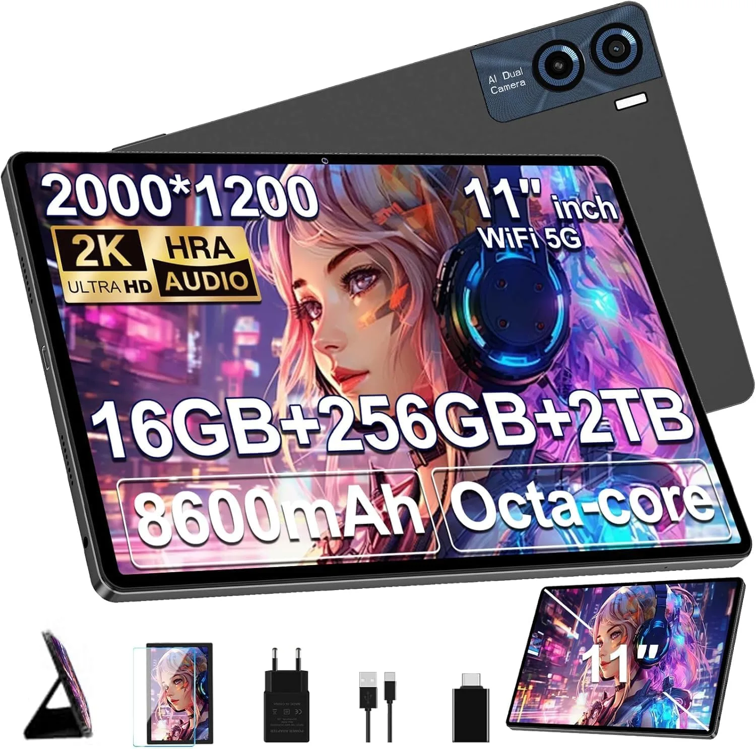 GOODTEL 2026 2K Tablet 11 Inch Android | Octa-Cores | 16GB RAM+256GB ROM | 2K Display 2000 * 1200 | WiFi 6 | BT5.0 | 4 Speakers | 8600mAh | 13MP Cameras | with Case, Black