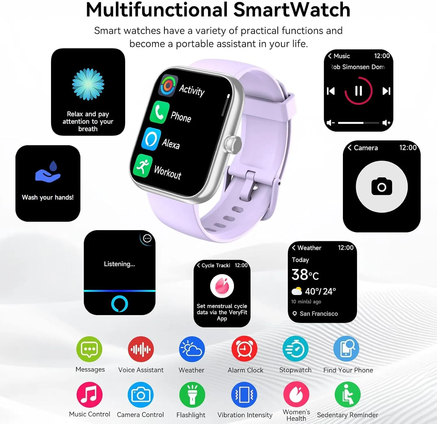 Smart Watch with Alexa Built-in 1.83" HD 2026 Health Fitness Tracker Bluetooth Calls and Notifications 120+ Sport Modes Heart Rate Sleep Monitor Fitness Watch IP68 Waterproof iPhone Android (Purple)