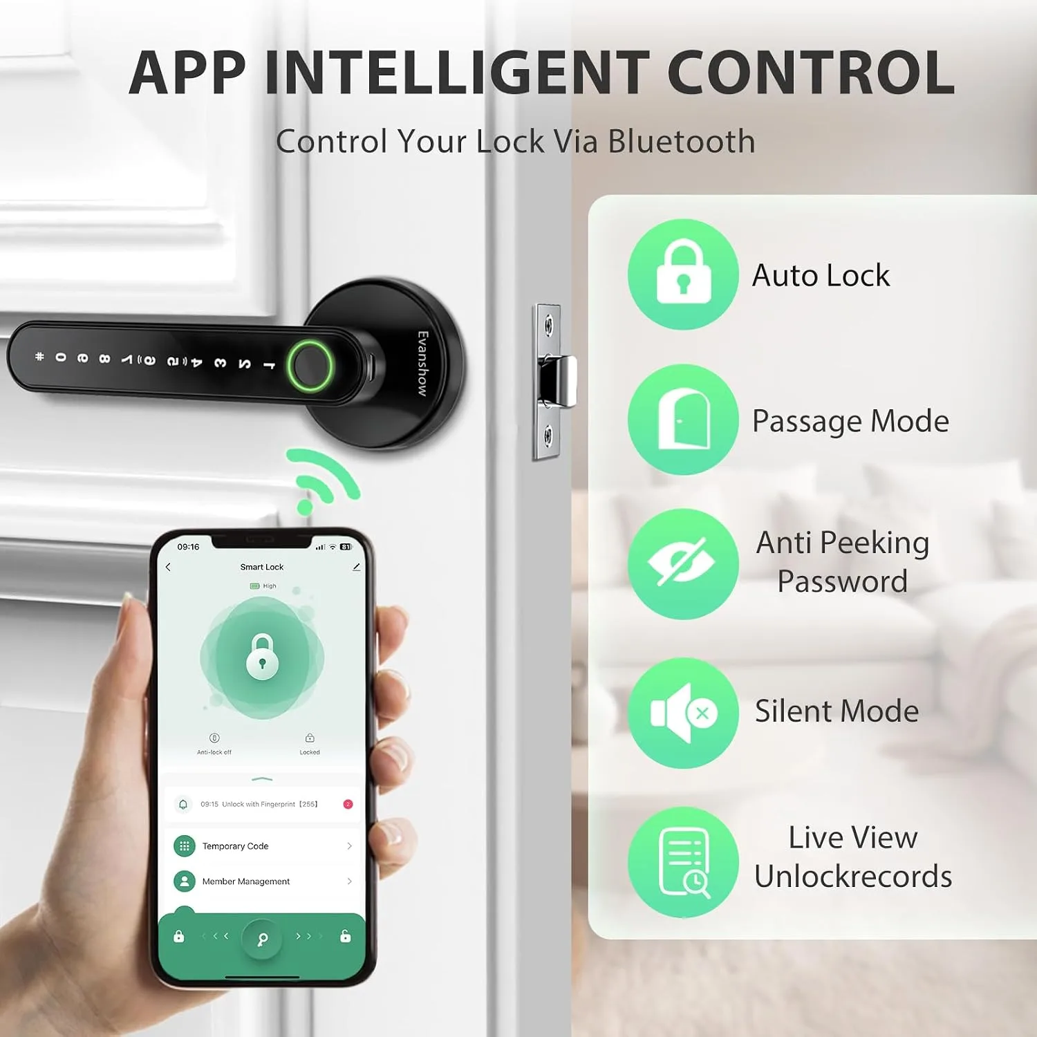 Smart Door Lock with Knob, Keyless Entry Door Locks with Handle, Fingerprint Door Knob for Bedroom/Front Door/Apartment,Generate Passcode Remotely Black