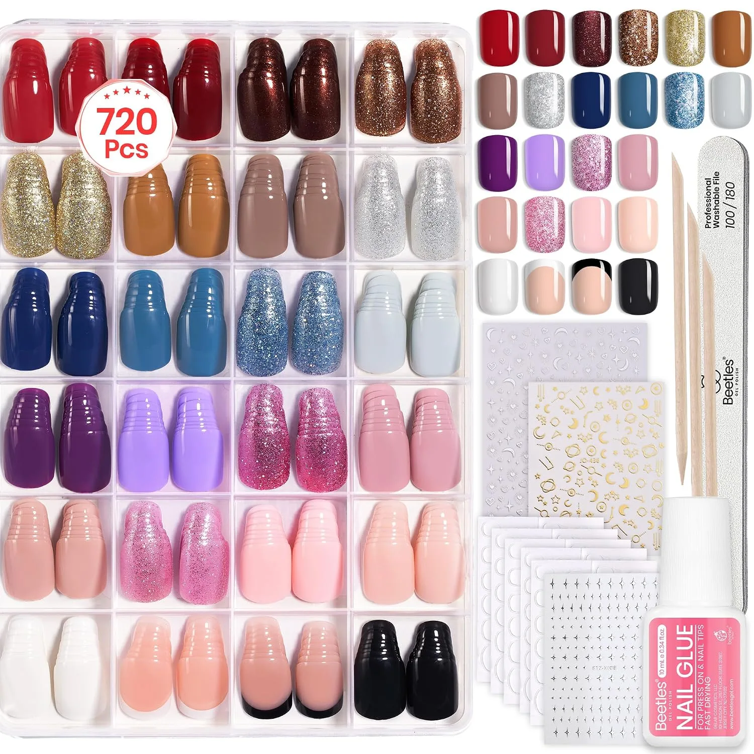 Beetles Press On Nails Kit - Bubble Pop, 720Pcs 24 Colors Short Square