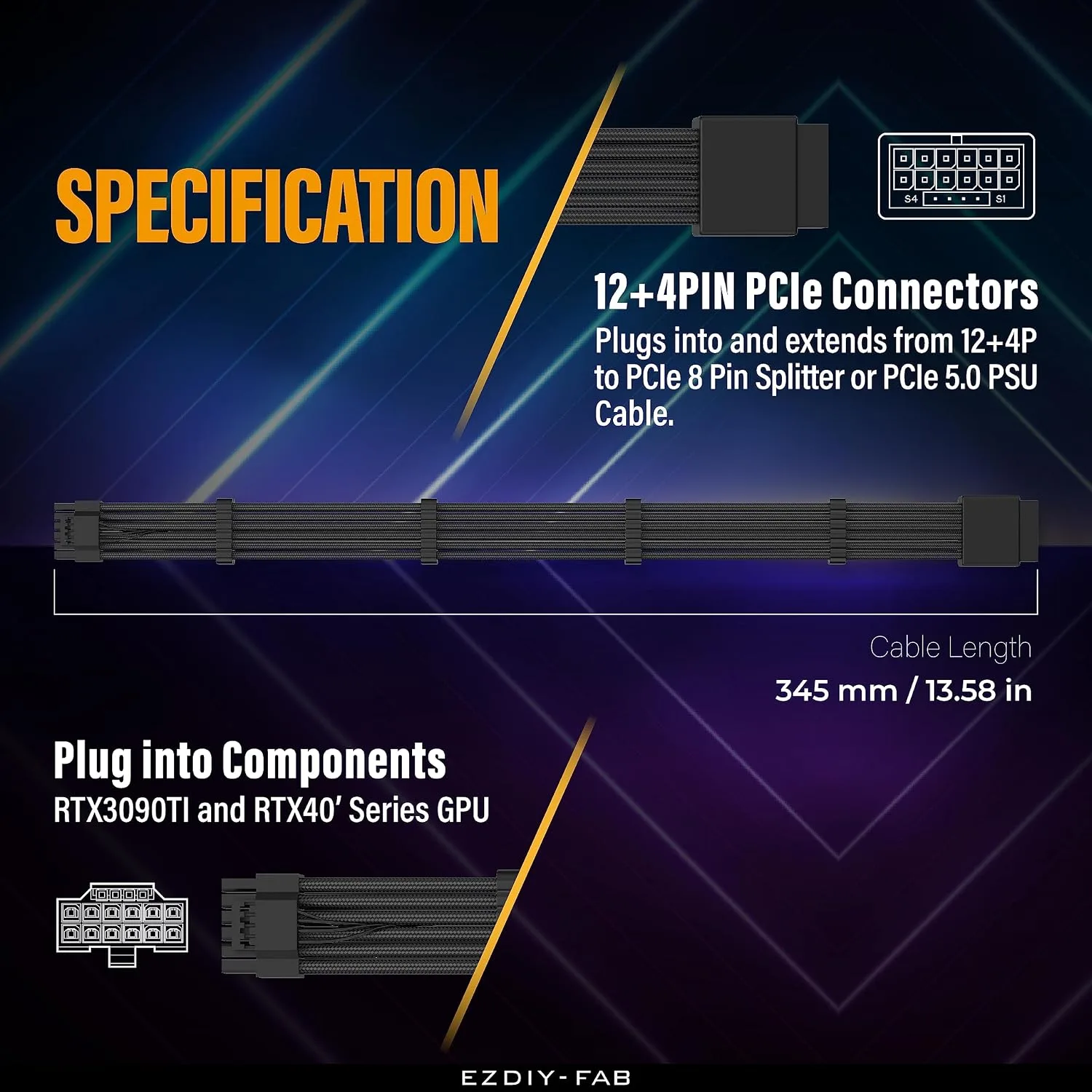 EZDIY-FAB 16pin (12+4) 12VHPWR PCIe 5.0 GPU Power Sleeved Cable Extension, Male to Female, Compatible with RTX 5080, 5070, 4090, 4080, 4070,16AWG with Cable Combs-Black