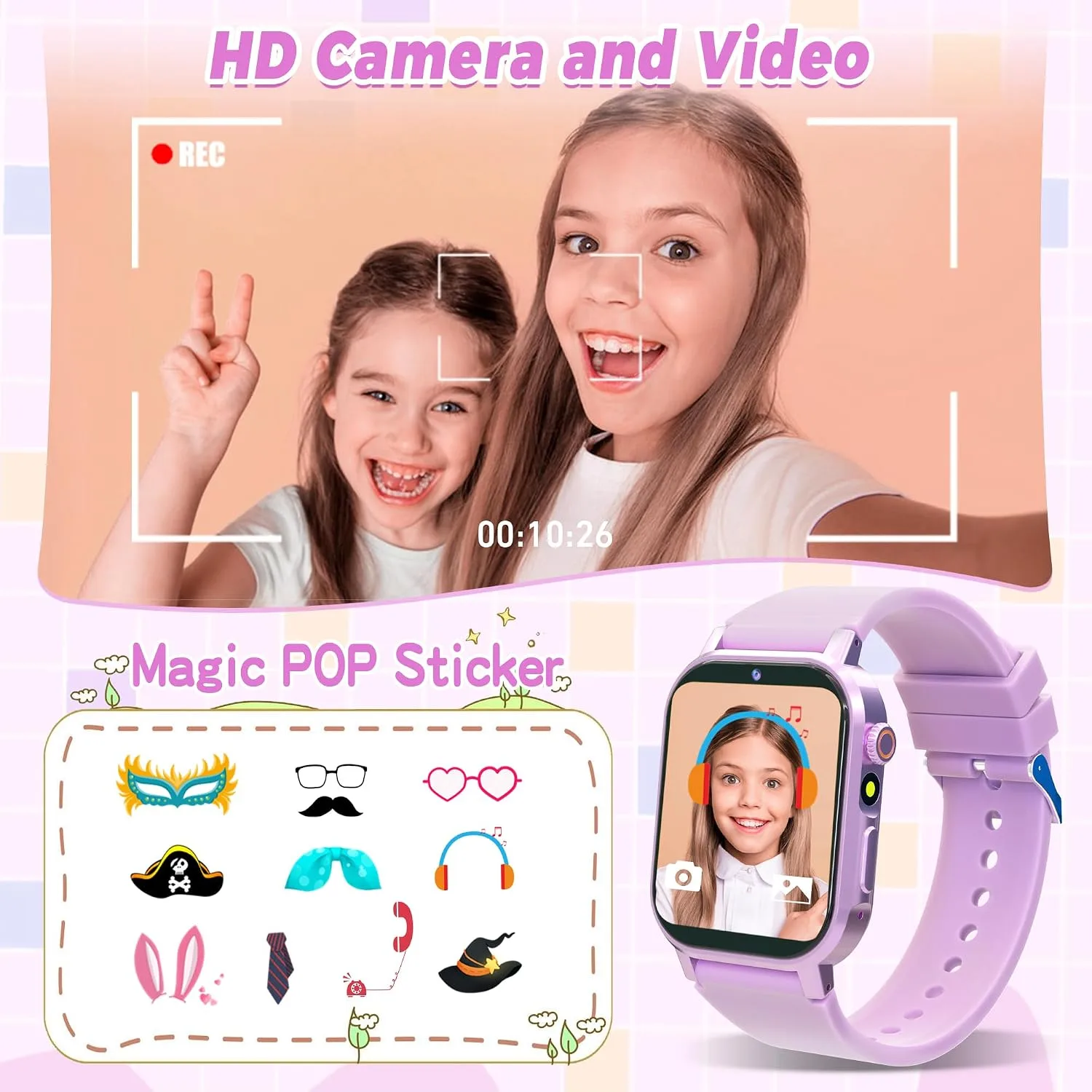 Phyulls Kids Smart Watches Girls with 32 Puzzle Games, HD Camera, Pedometer
