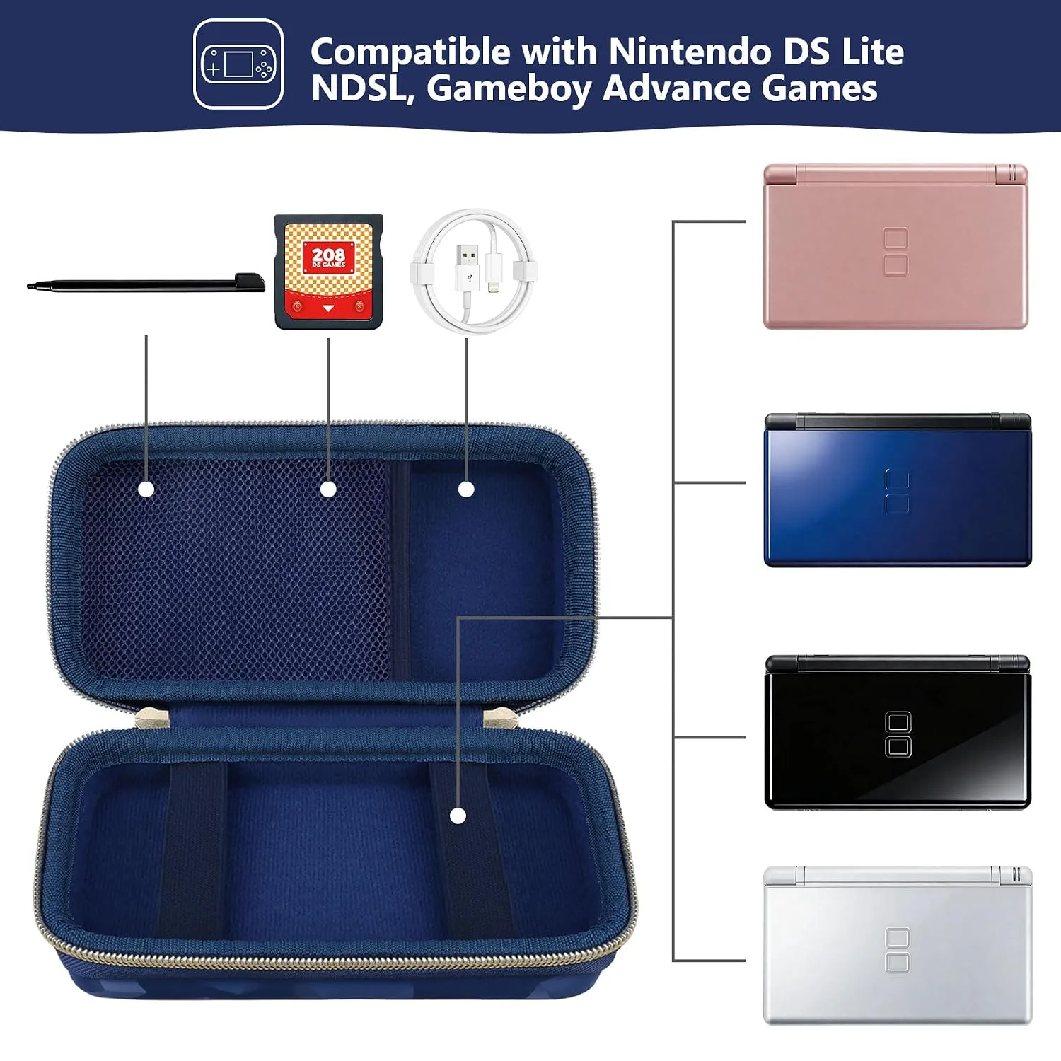 Supmay Hard Carrying Case Compatible with Nintendo DS Lite NDSL, Gameboy Advance Games Storage Holder Travel Bag with Mesh Pocket for USB Charging Cable, Stylus, Earphones, Game Cartridge, Blue