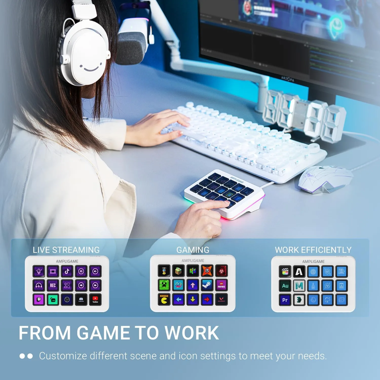 fifine D6W Gaming Macro-Keyboard with 15 Programable Display Buttons White