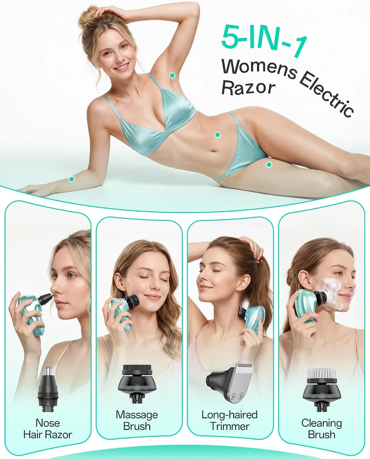 5-in-1 Electric Razors for Women, 7D Electric Shavers for Womens Full Body Legs, IPX7 Waterproof Wet Dry Travel Bikini Trimmers for Lady Face Bikini Arms Underarms