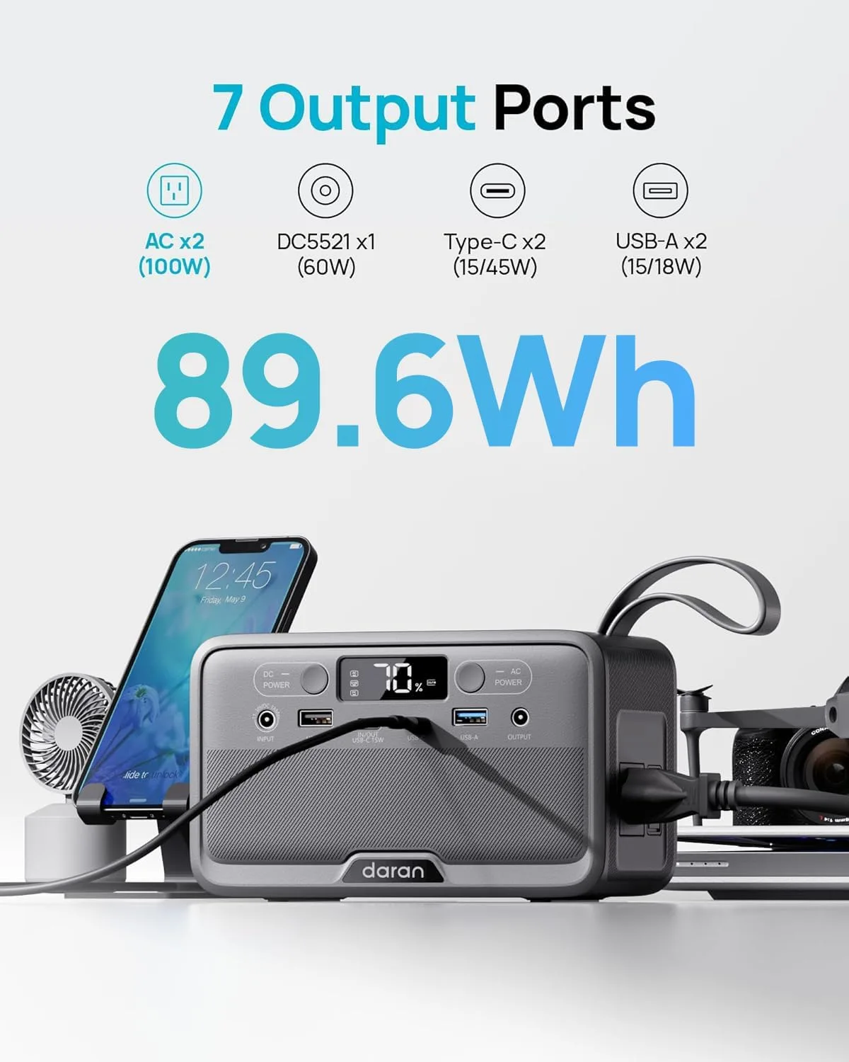 Daran Portable Power Station 89.6Wh LiFePO4 Battery 100W(200W Peak) Solar Power Bank, Portable Charger Small Generator with AC Outlets & PD Fast Charging for Home/Laptop/Camping(Solar Panel Optional)