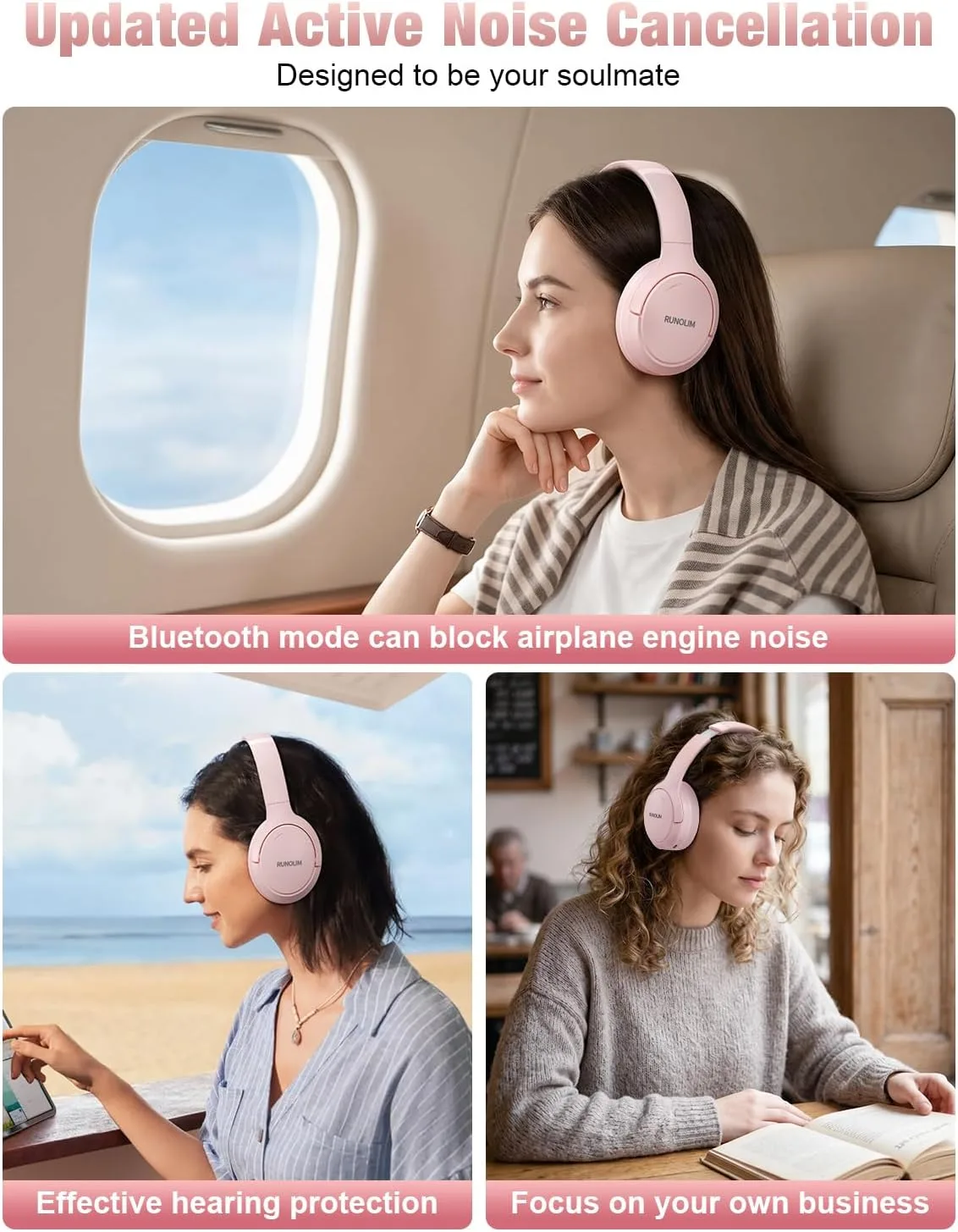 RUNOLIM Active Noise Cancelling Headphones, Wireless Bluetooth Over Ear