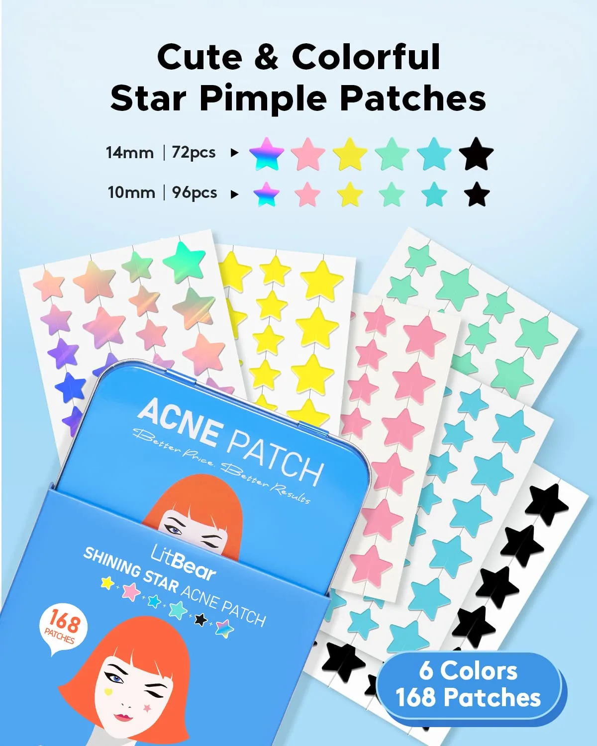 LitBear Star Pimple Patches, 6 Colors 168 Dots Acne Pimple Patch with Case & Tea Tree Oil, Hydrocolloid Acne Patches for Face Cute Zit Patches Pimple Stickers Acne Dots