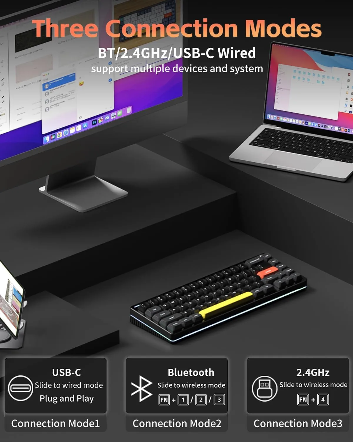 NuPhy Halo V2 IO Wireless Mechanical Keyboard with PBT Keycaps,Hot Swappable Custom Gaming Keyboard,Aluminum Alloy Frame,RGB Backlit,Gasket Structure,BT5.0/USB-C/2.4GHz Low Latency Office Keyboards
