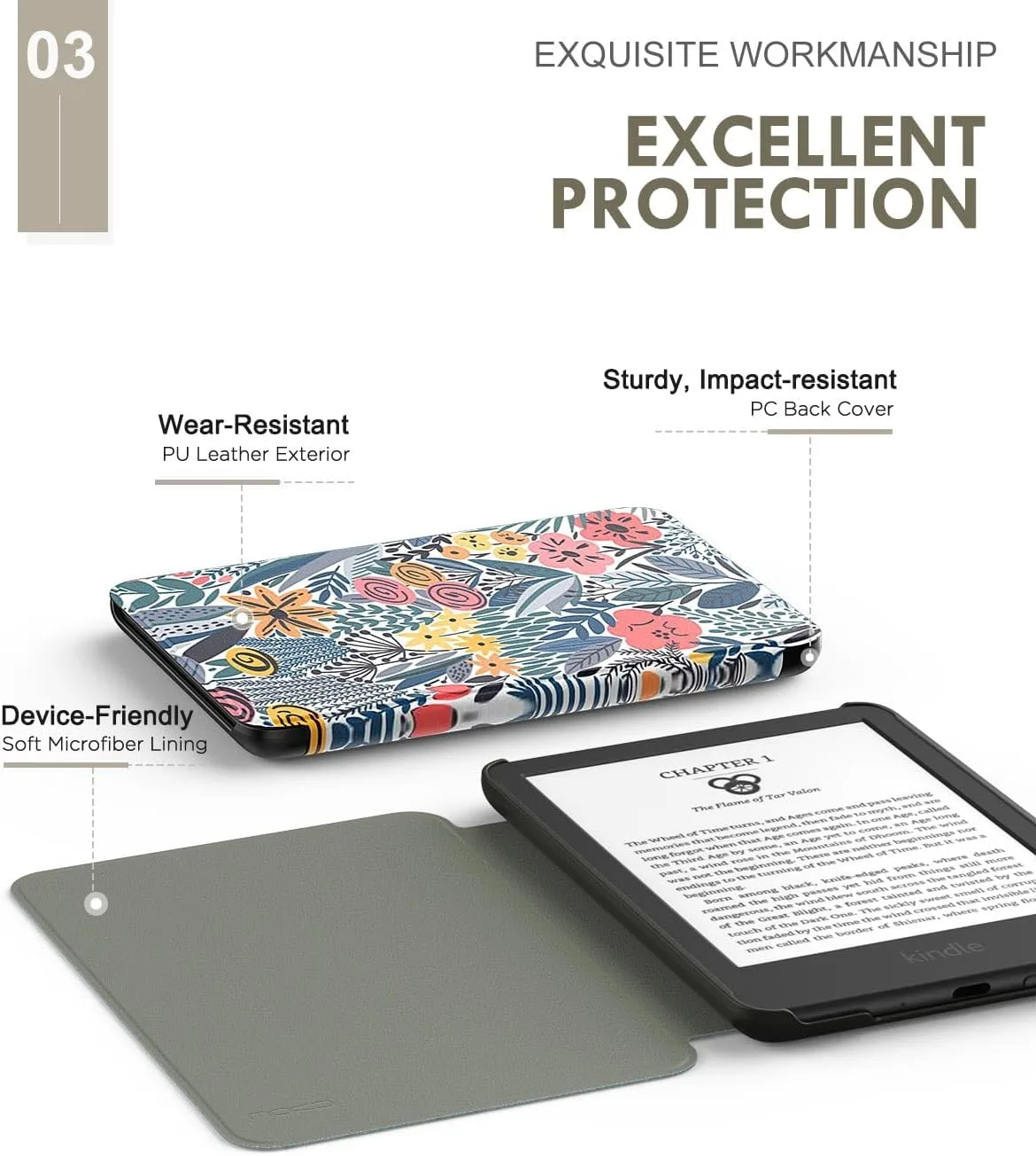 MoKo Case for 6" Amazon Kindle Basic 11th Gen 2024/2022, Blue Leaf Flower