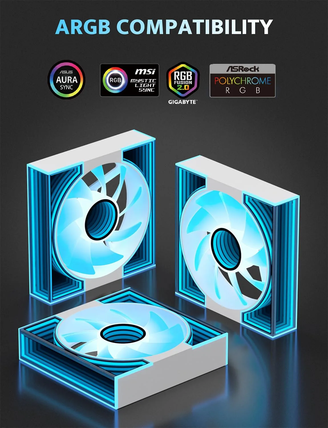 darkFlash DM8 3-Pack 120mm PC Case Fan, Infinity Mirror Case Fans, PWM ARGB Sync, 1600RPM High Airflow 56CFM, Low Noise 32.5dBA, Computer Case Cooler Fan (White, Forward)