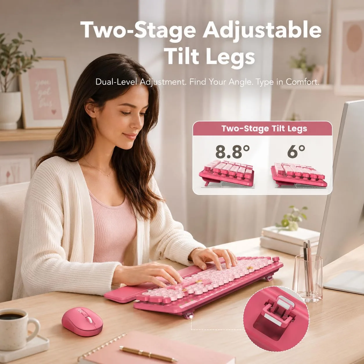 Wireless Keyboard and Mouse Combo, Round Keycaps, Magnetic Wrist Rest, Pink