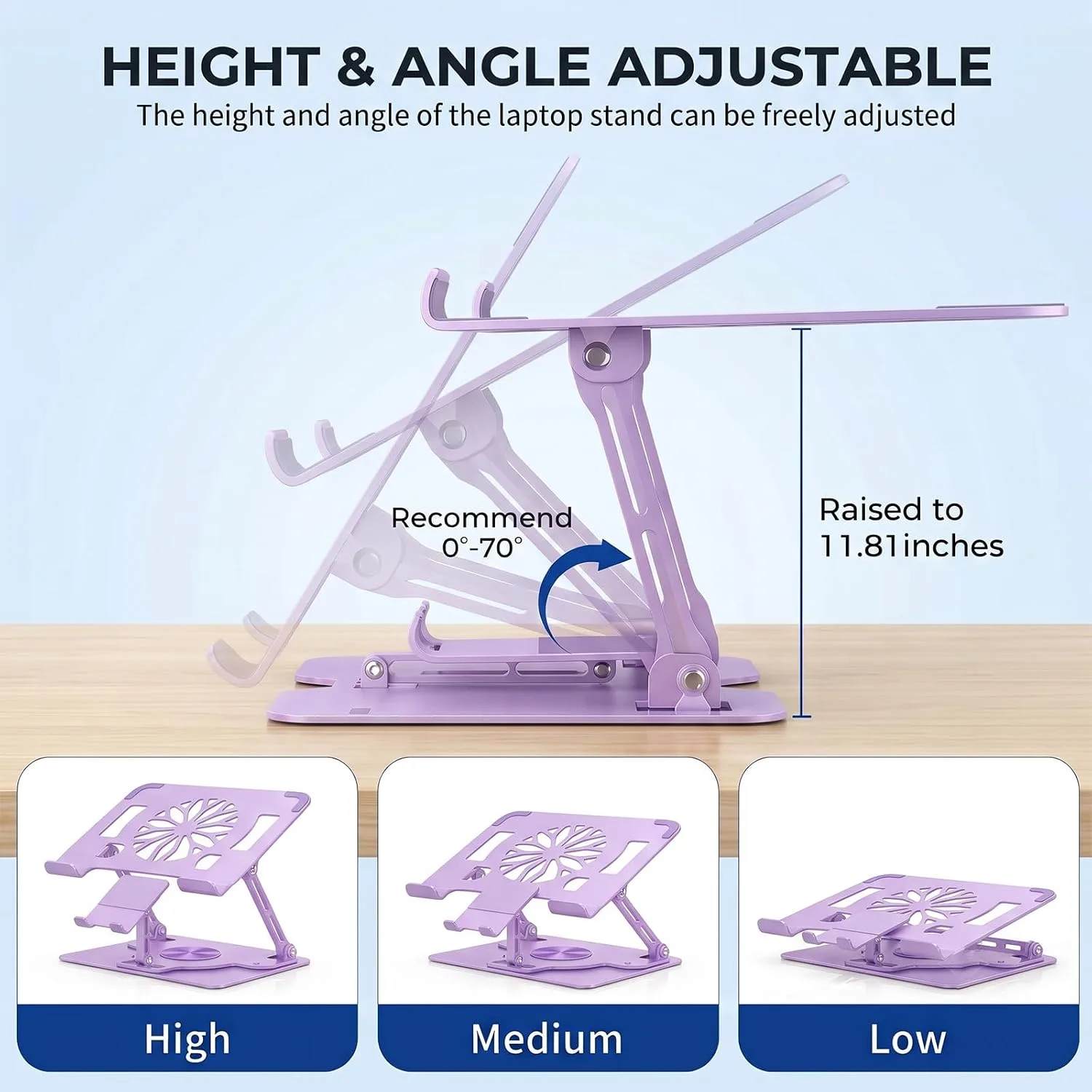 Adjustable 360°Rotating Laptop Stand, 2-in-1 Ergonomic Carbon Steel Laptop Riser with Detachable Phone Holder, Hollow Cooling Notebook Stand Fits 12.9-18 Inch Laptops (Purple)