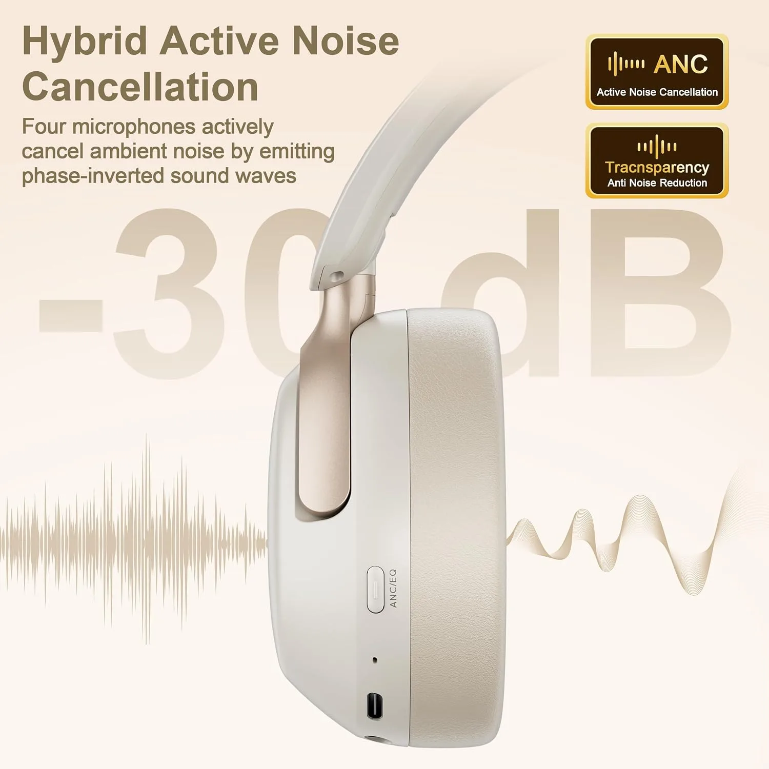 LORELEI QC30 Hybrid Active Noise Cancelling Headphones,Over-Ear Wireless Bluetooth,Beige Protein Leather, Active Noise Control & Transparency Mode,Deep Bass, Built-in Mic