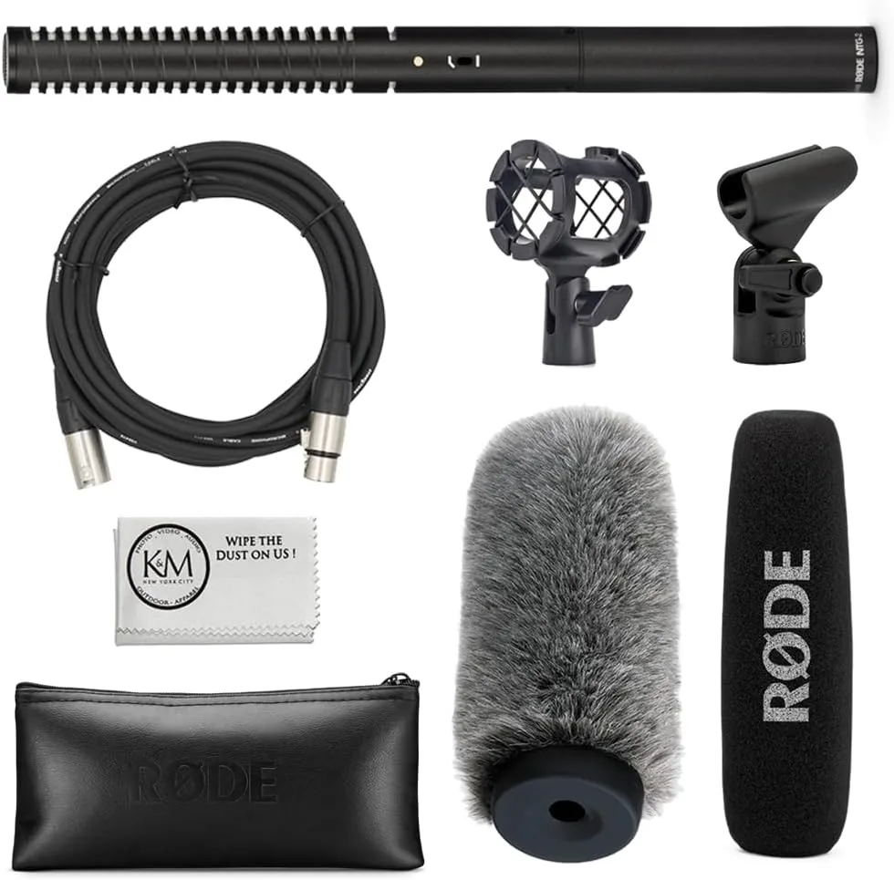 Rode NTG2 Condenser Shotgun Microphone Bundled with Universal Shockmount + Fur Windshield + XLR Microphone Cable + Cleaning Cloth (5 Items)
