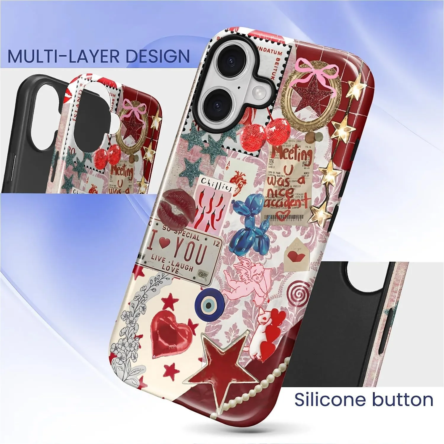 DAIZAG Case for iPhone 17,Mixed 2 Layer Design Shockproof Soft TPU Ddouble Protection Phone Case for iPhone 17-Conch Red Pearl Collage