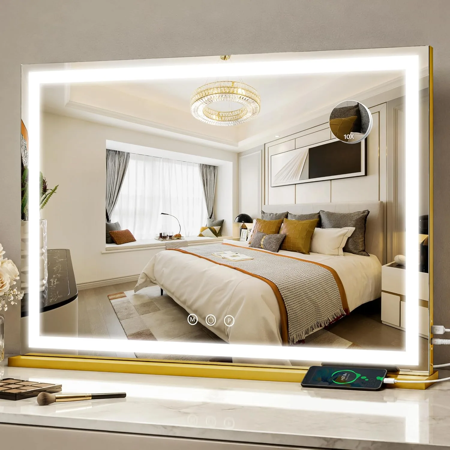 FENNIO Vanity Mirror with Lights 13'' x 17'' Makeup Mirror with Lights,Vanity Mirror Touch Screen with 3-Color Lighting,Dimmable,for Vanity Desk Bedroom Gold