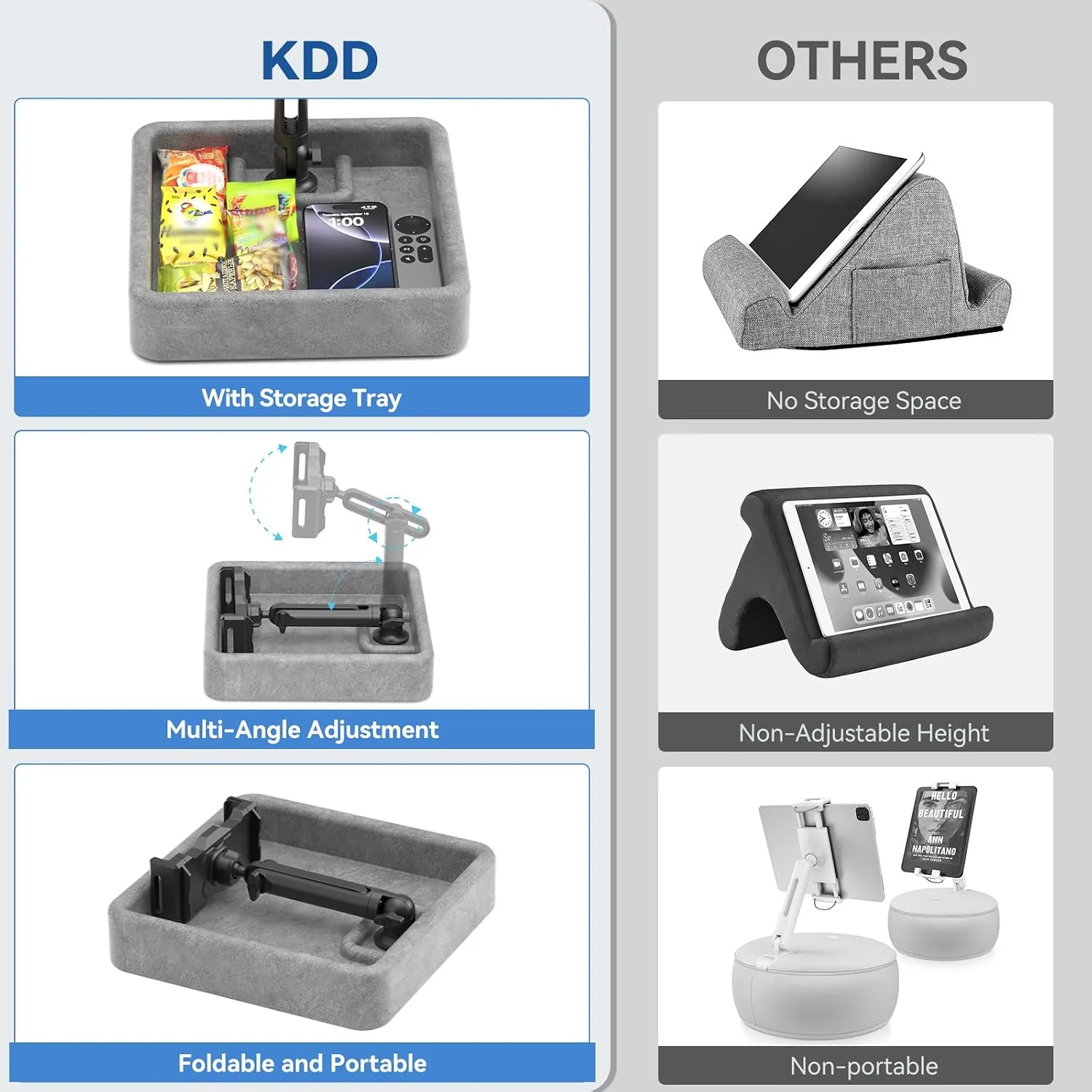 KDD Tablet Pillow Stand - Multi-Angle Adjustable iPad Holder for Lap, Bed and Desk - Foldable Kindle Soft Pad Dock with Storage Tray Compatible with iPad Pro 12.9, Air Mini, Phone, E-Reader