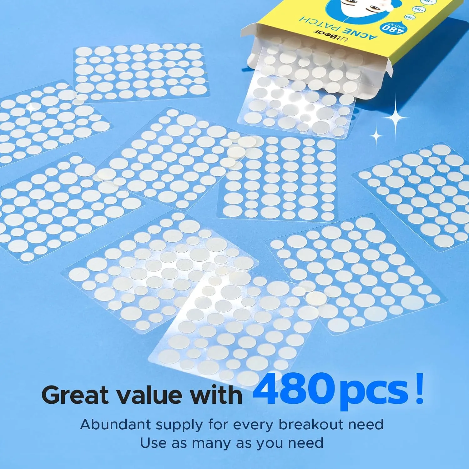 LitBear Pimple Patch Bulk, 480 Patches 3 Size Acne Patches for Face