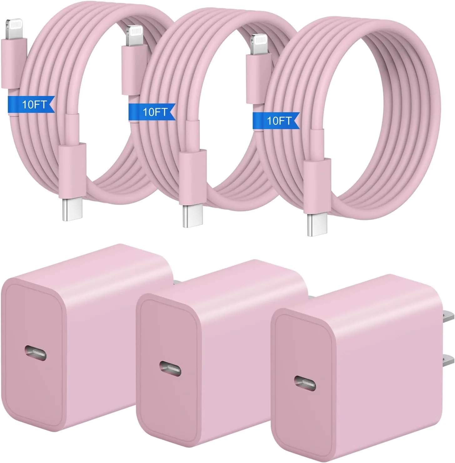 iPhone Fast Charger 3+3Pack 20W USB C Wall Charger with Extra Long 10FT Fast Charging Cable Compatible with iPhone 14/13/12/11/Pro/Pro Max-Pink