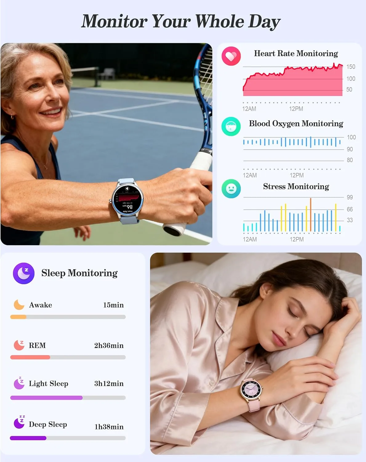 Smart Watch for Women, Ladies & Men, 1.27'' Fitness Watch [41mm case] with Call Receive/Dial, Heart Rate/Stress/Sleep Monitor, AI Voice, IP68 Waterproof Smartwatch with Calendar, Calculator, Games