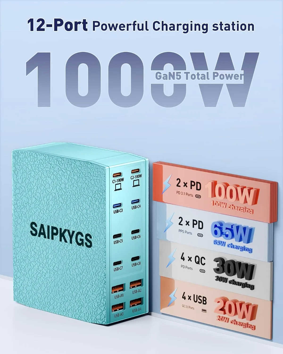 1000W USB Charging Station,12-Port USB C Charger Block with Dual 100W PD