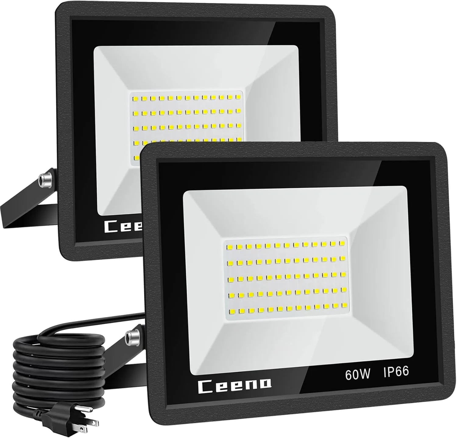 Ceena 2 Pack 60W Plug in LED Flood Light Outdoor, 6000lm Super Bright Floodlight with 5.9FT Wire, IP66 Waterproof 6000K LED Work Light for Garage, Yard, Patio, Front Door
