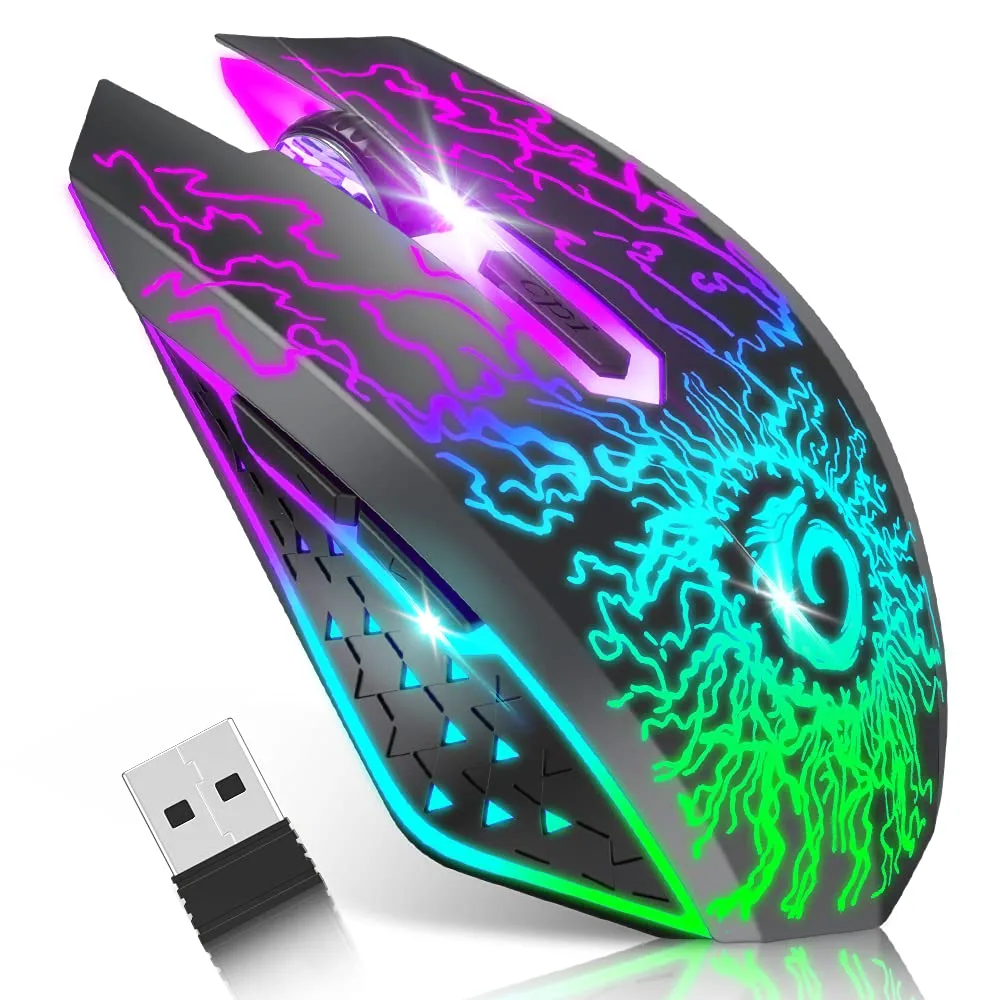 Mouse Gamer VersionTECH inalámbrico recargable con luces LED multicolor y 3 niveles DPI negro