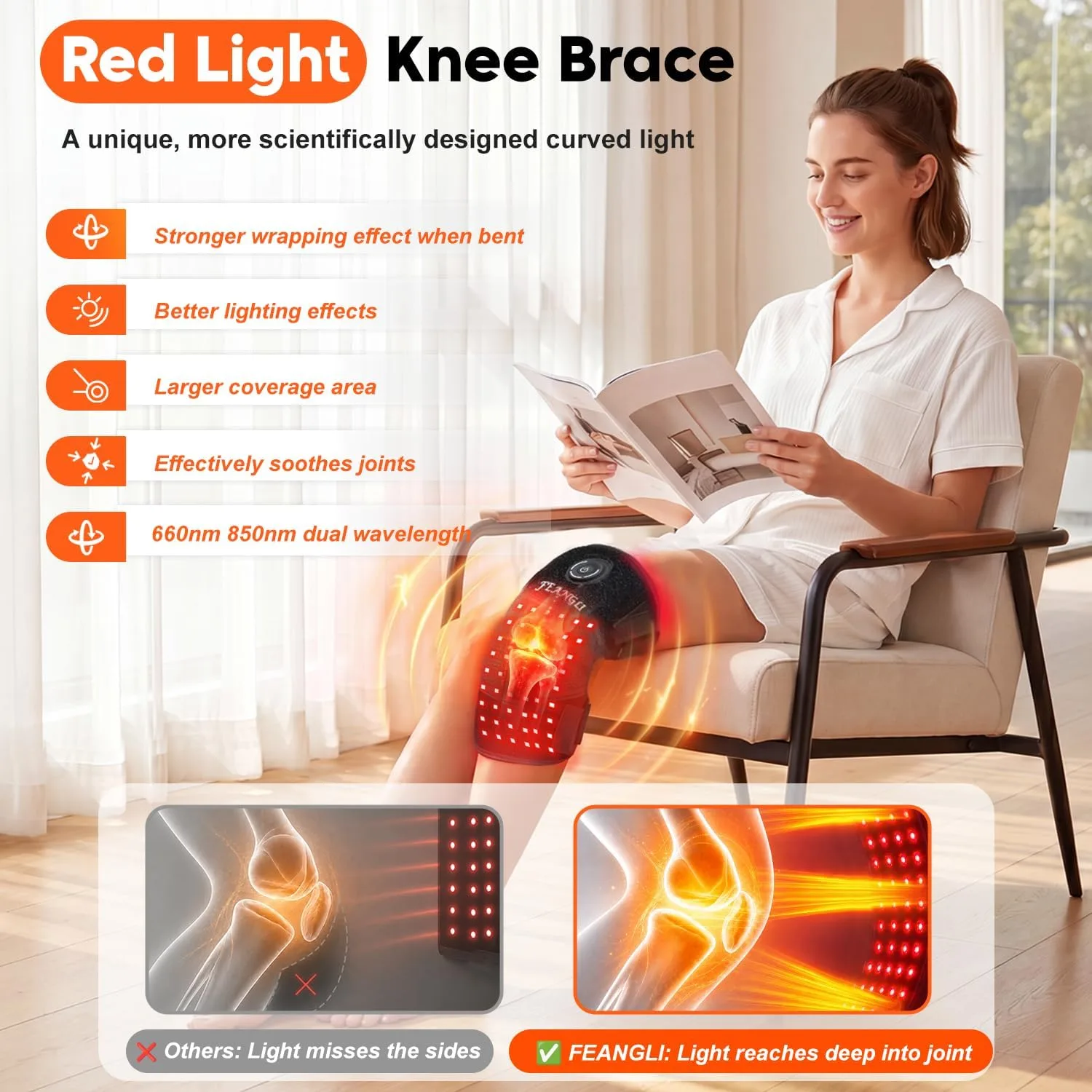 feangli Red Light Therapy Knee Brace for Pain Relief, Cordless Knee Wrap