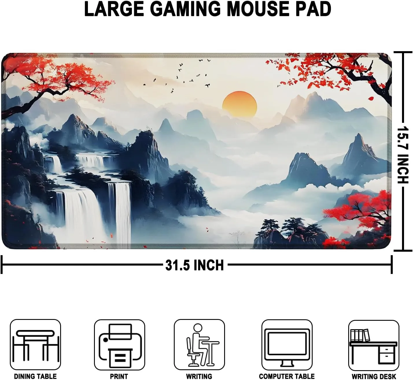Large Gaming Mousepad, Waterproof Extra Large Mouse Pad with Stitched Edges, 31.5" x 15.7" Non-Slip Rubber Base Office Big Long Keyboard Pad for Office Gamer Home XXL, (Mountains Waters)