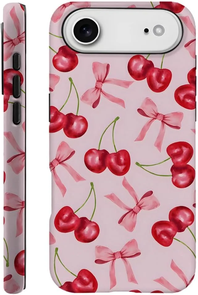 Case Compatible with iPhone 17 Air,Fall Prevention Hybrid 2-Layer Hard Shell Phone Cover for Girls Boys,Pink Bow Cherry Ribbon Fruit