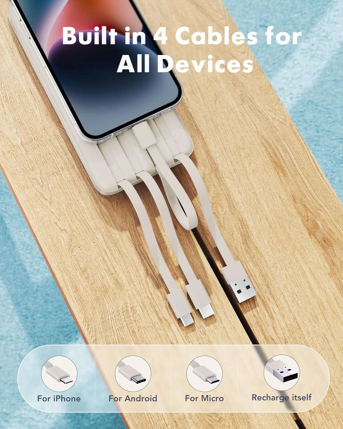 charmast 10000mAh Power Bank Portable Charger with 4 Built-in Cables