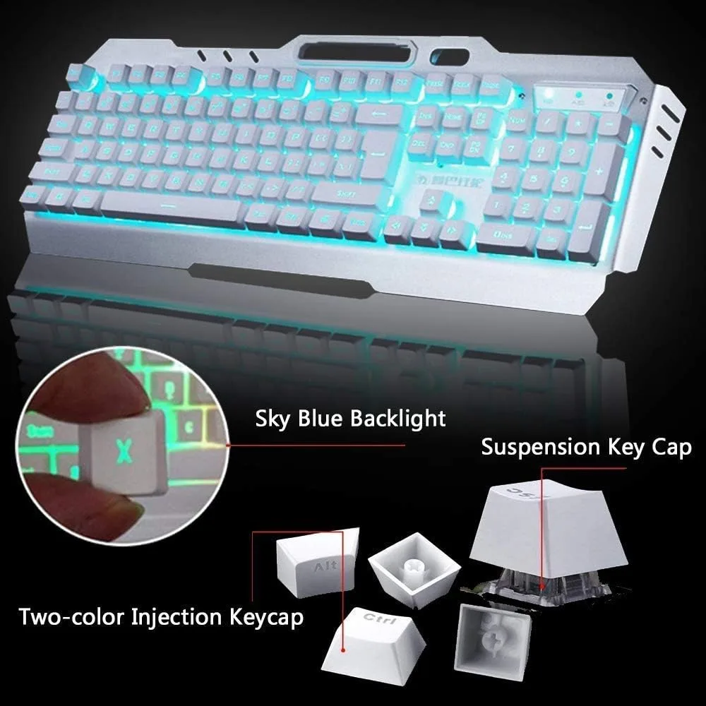 Wireless Keyboard and Mouse, Blue LED Backlit Rechargeable Keyboard with 3800mAh Battery, Metal Panel, Removable Hand Rest Mechanical Feel, 7 Color Gaming Mute Mouse for PC Gamers