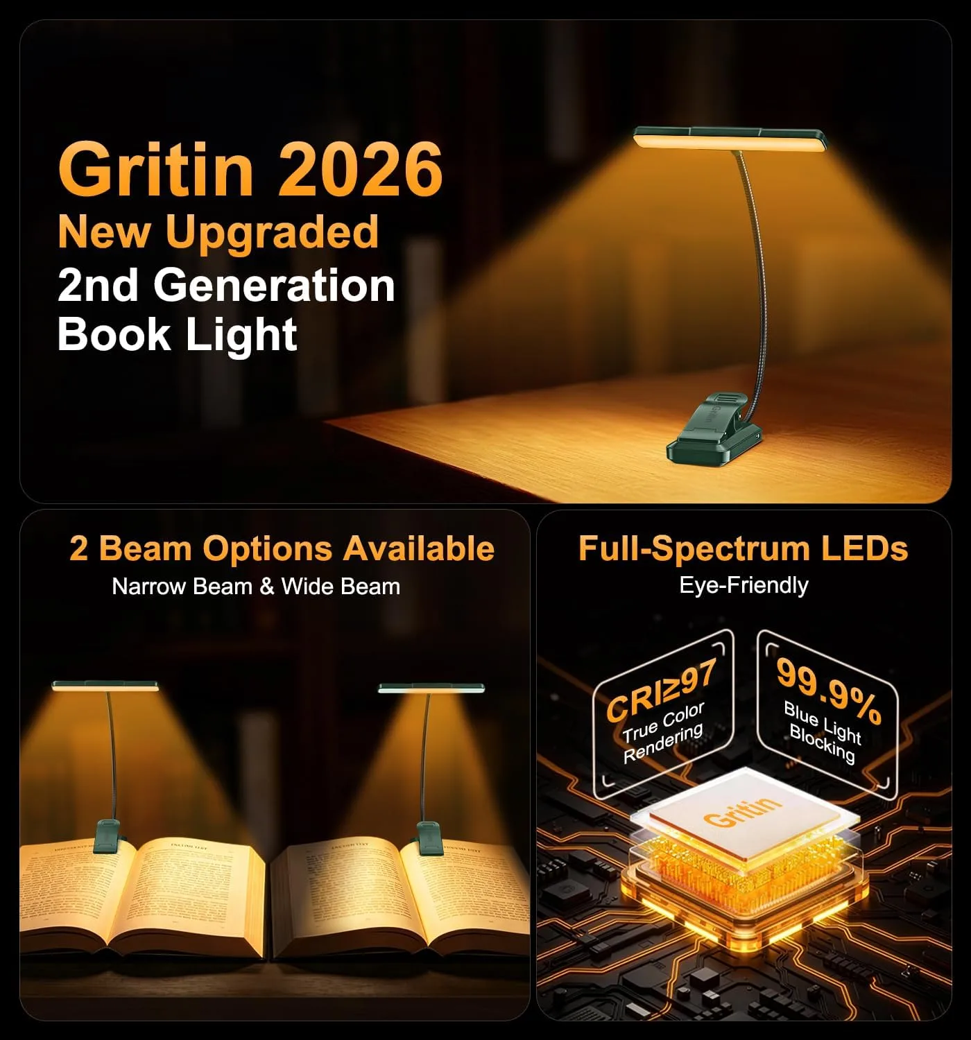 Gritin 2026 Gen 2 Book Light for Reading- 32 Eye Caring Full Spectrum LED