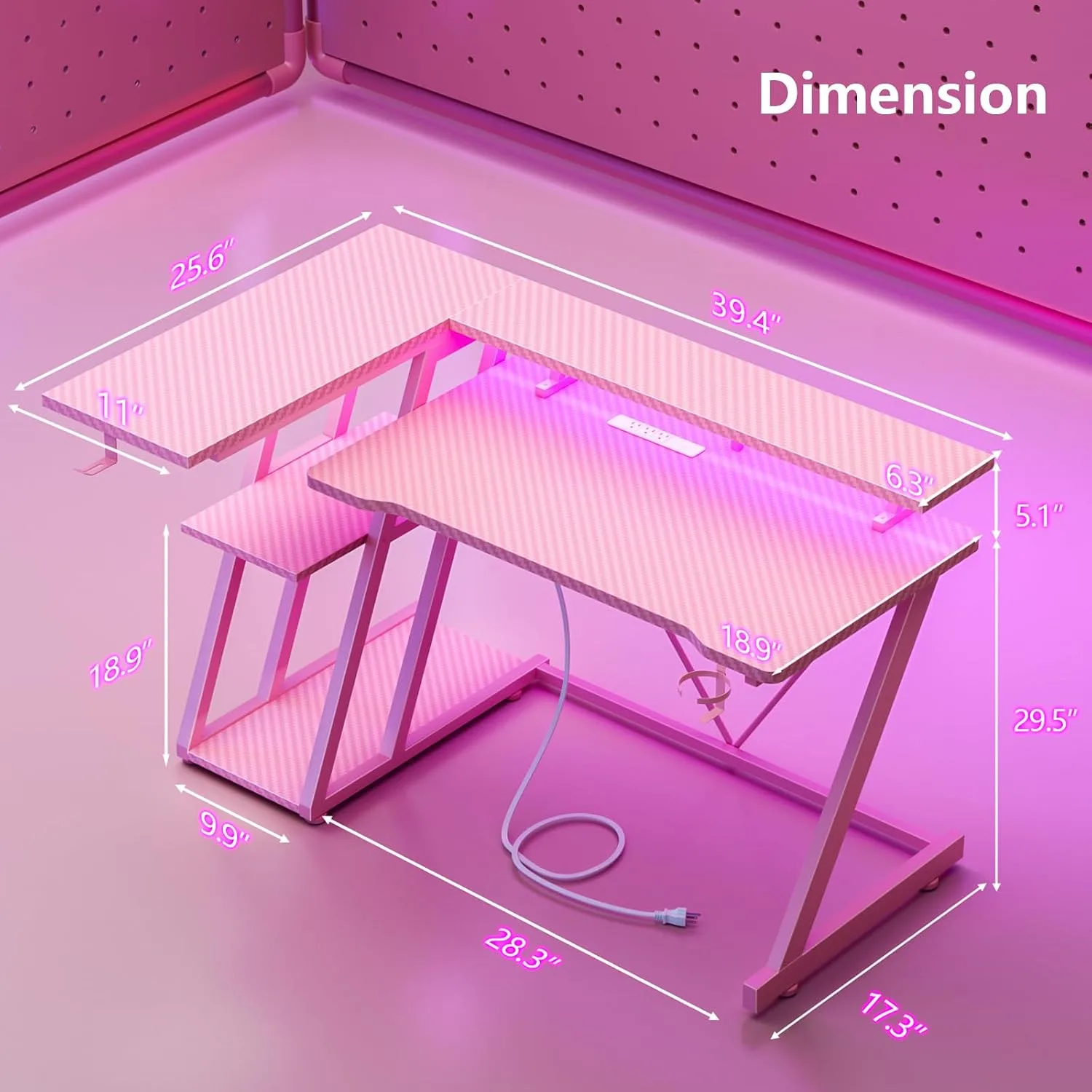 Korfile 40 Inch Gaming Desk with Power Outlet, LED, Carbon Fiber Pink