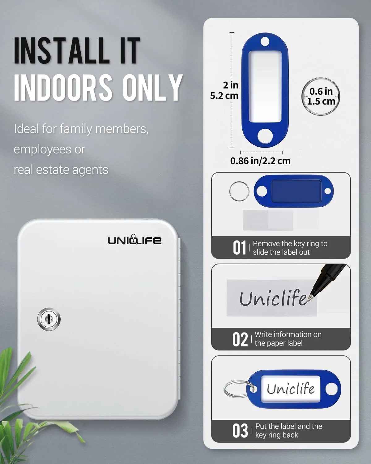 Uniclife 20 Position Key Cabinet with Key Lock Wall Mounted White Security Storage Box Steel Key Organizer with Colorful Key Tag Labels Identifiers Stickers and Hooks